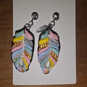 Multicolor Feather Polymer Clay Earrings With Stainless Steel Zircon Studs